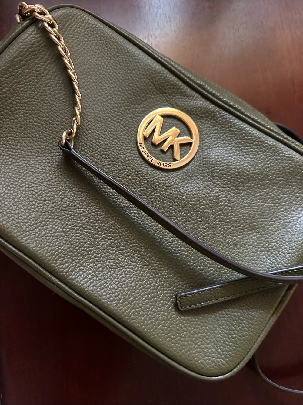 Michael Kors Olive Green Pebbled Leather Crossbody with Gold Logo
